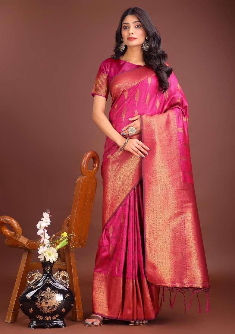 Magenta Embroidered Banarasi Silk Saree  Set - Indya
