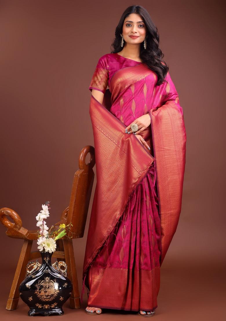 Magenta Embroidered Banarasi Silk Saree  Set