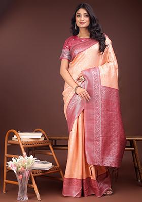 Pink Woven Zari Work Silk Saree  Set