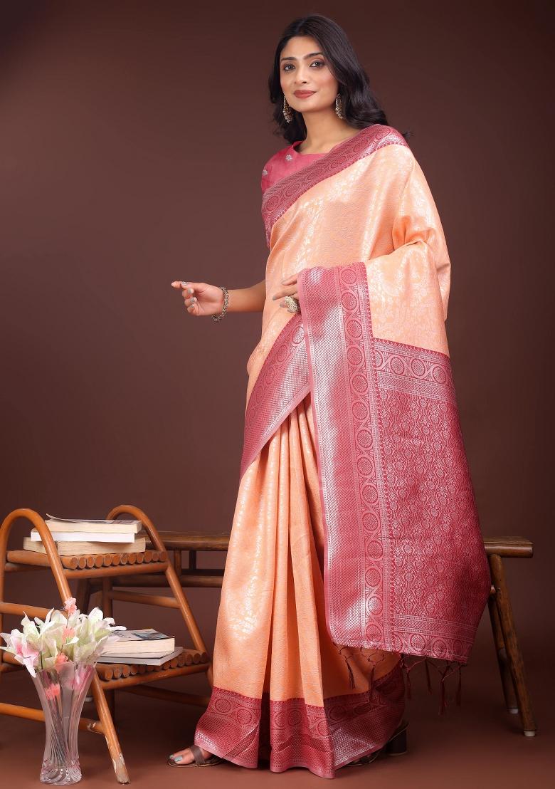 Pink Woven Zari Work Silk Saree  Set