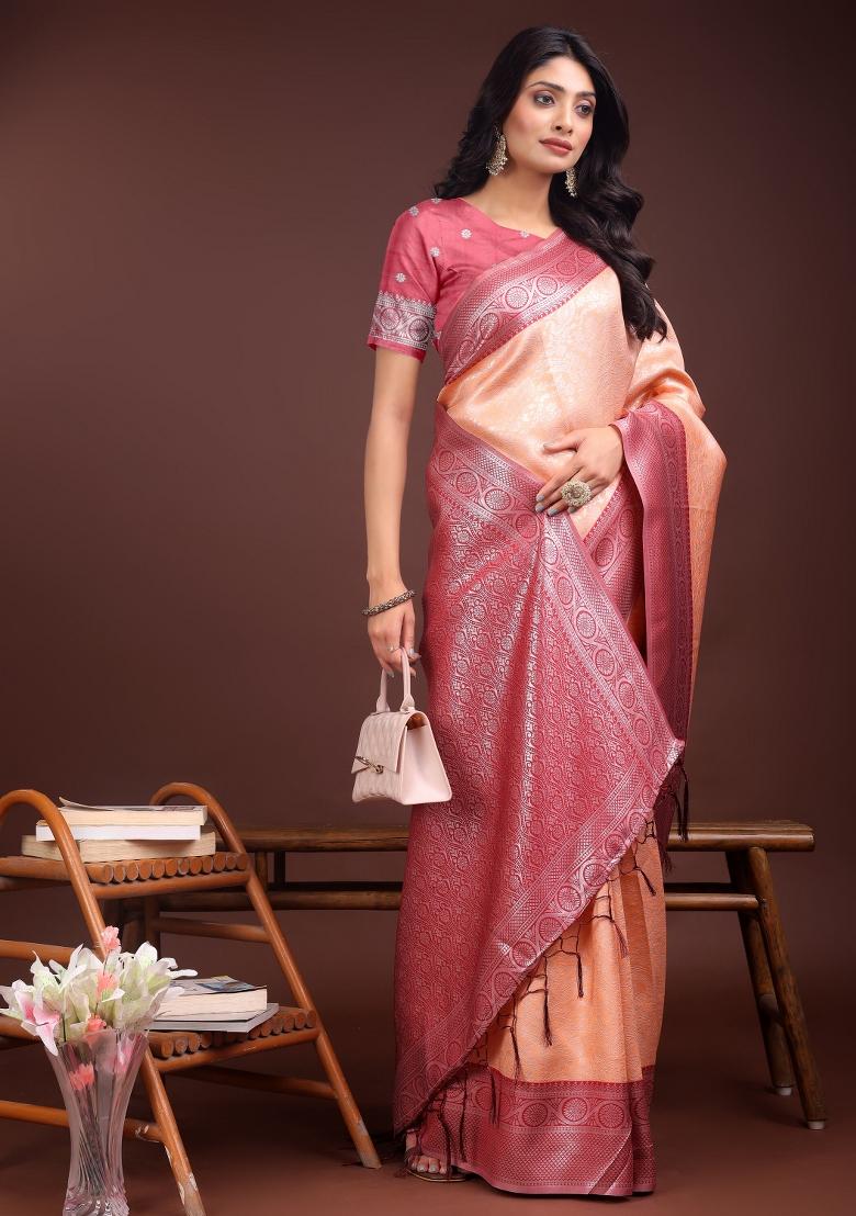 Pink Woven Zari Work Silk Saree  Set