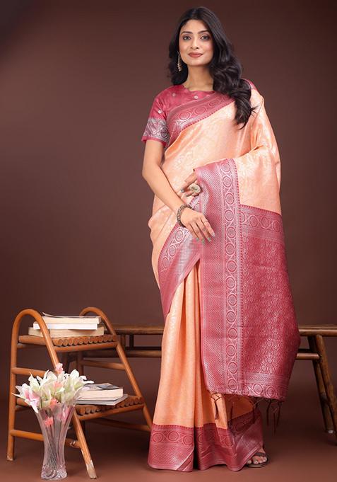 Pink Woven Zari Work Silk Saree  Set