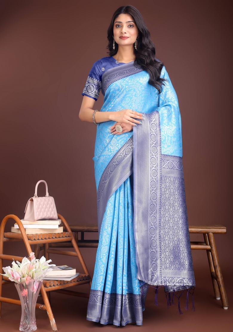 Blue Woven Zari Work Silk Saree Set