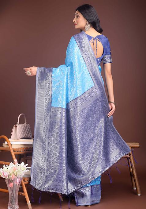 Blue Woven Zari Work Silk Saree Set