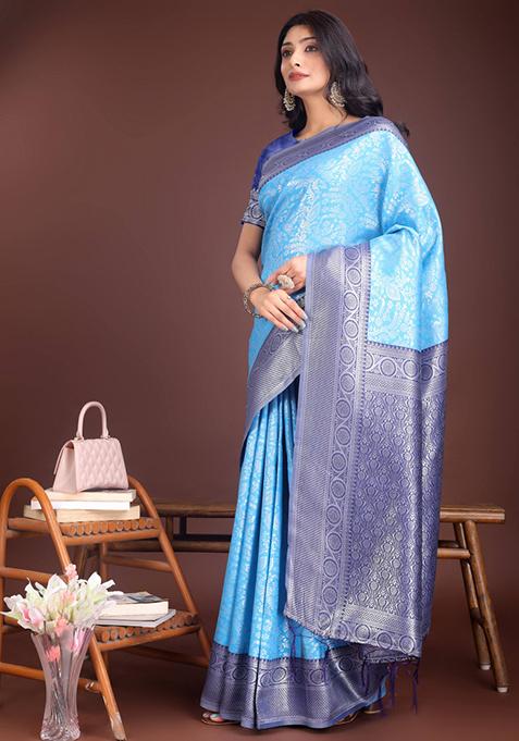 Blue Woven Zari Work Silk Saree Set