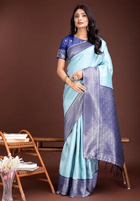 Blue Woven Zari Work Silk Saree  Set
