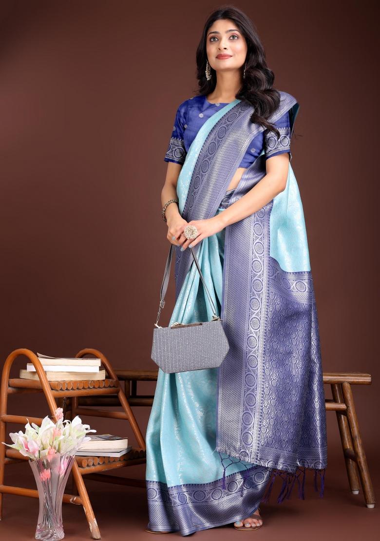 Blue Woven Zari Work Silk Saree  Set