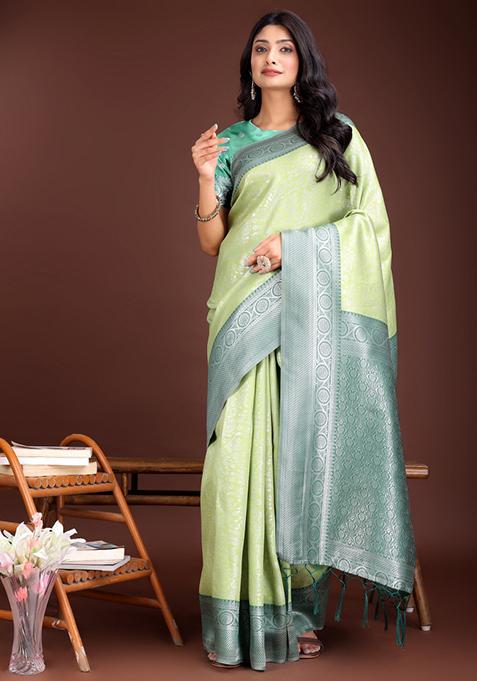 Green Woven Zari Work Silk Saree  Set