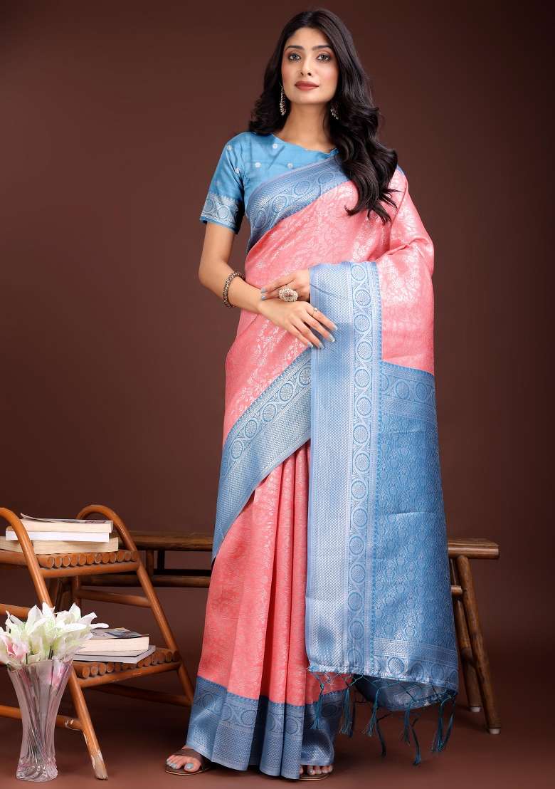 Sky Blue Woven Zari Work Silk Saree  Set - Indya
