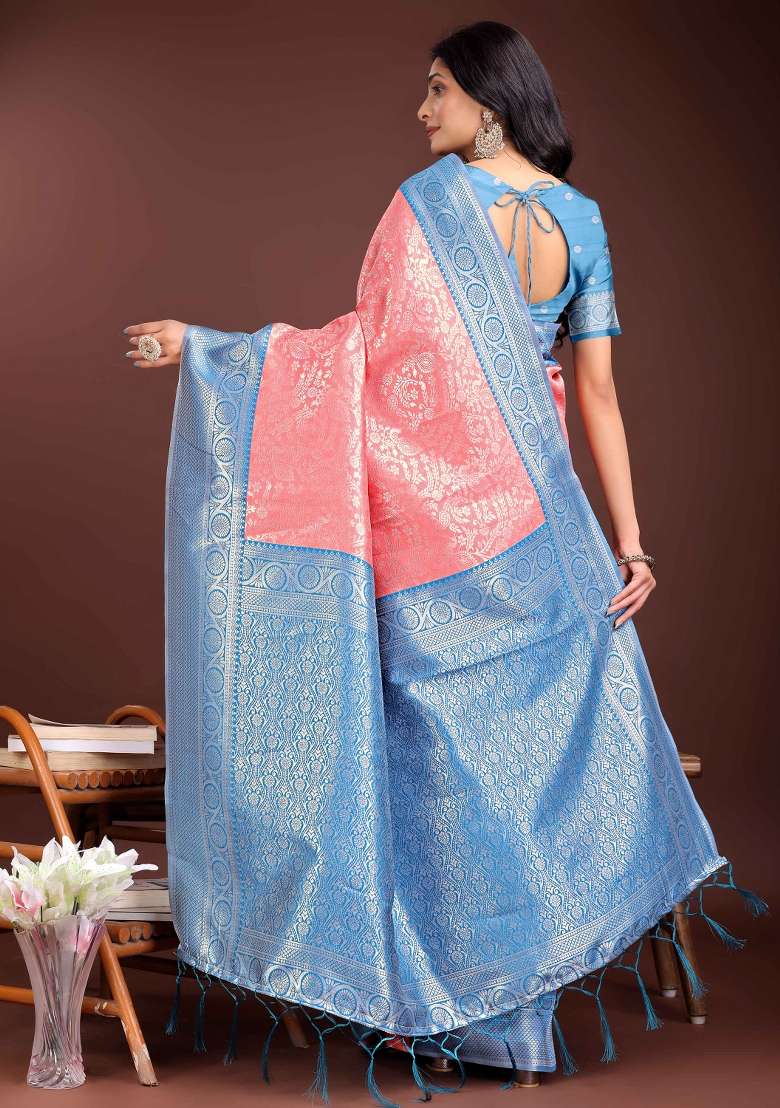 Sky Blue Woven Zari Work Silk Saree  Set - Indya