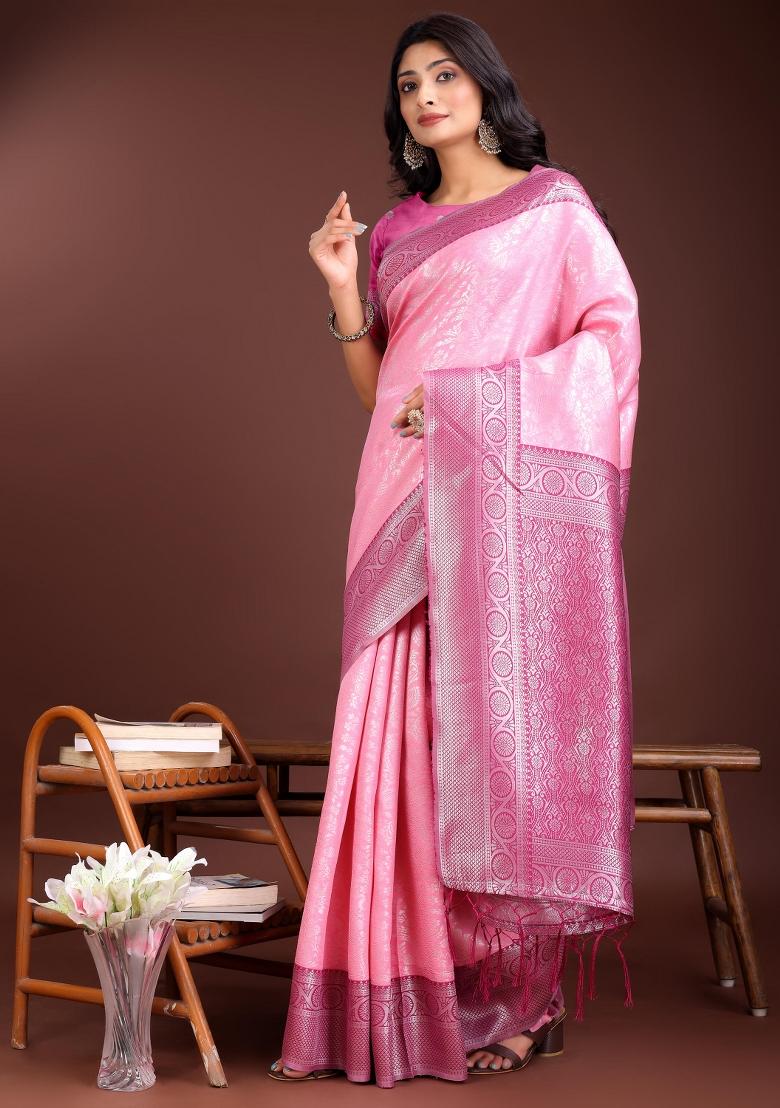 Magenta Woven Zari Work Silk Saree  Set