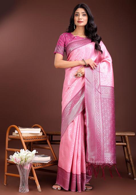 Magenta Woven Zari Work Silk Saree  Set