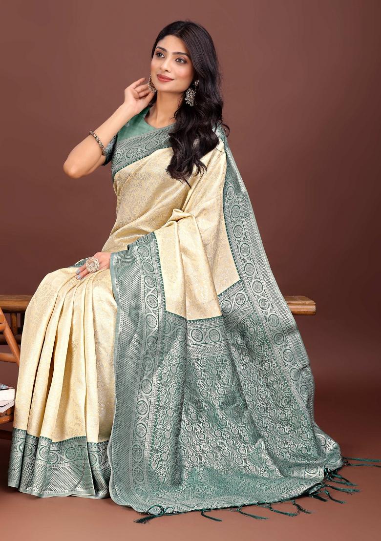 Green Woven Zari Work Silk Saree  Set