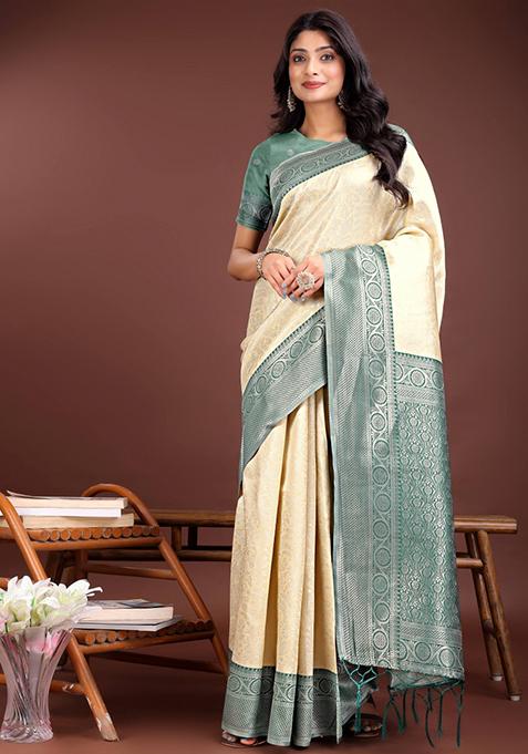 Green Woven Zari Work Silk Saree  Set