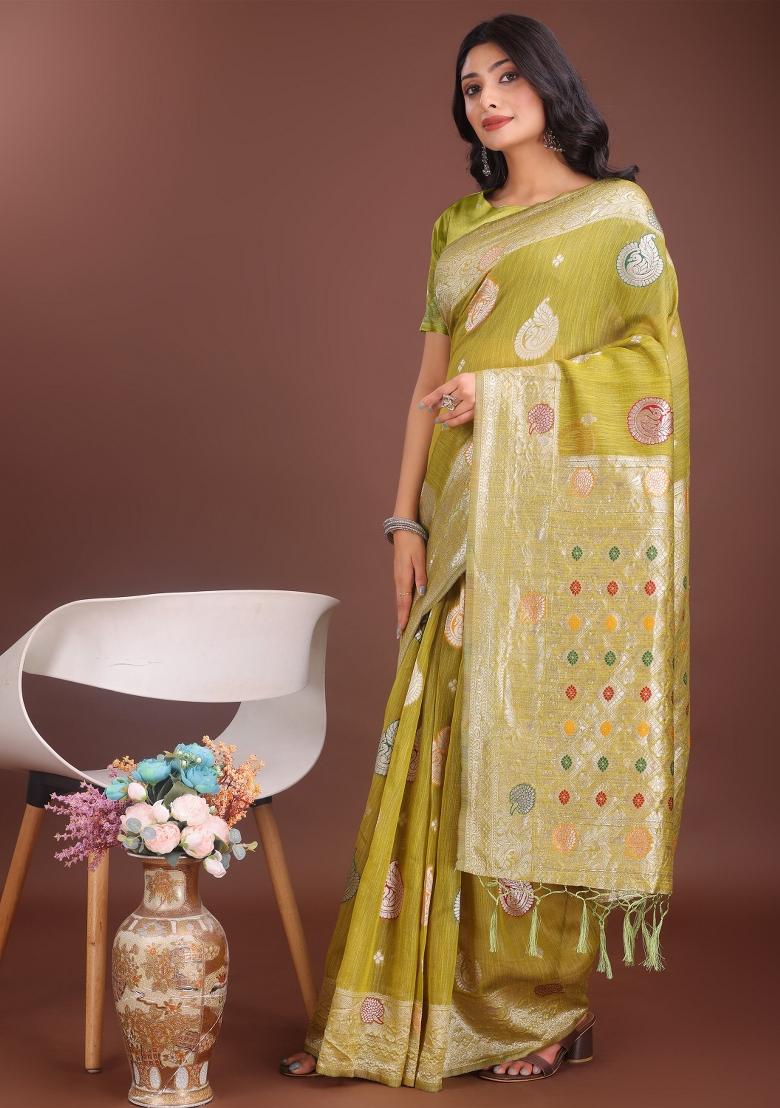 Mustard Yellow Embroidered Linen Cotton Saree  Set