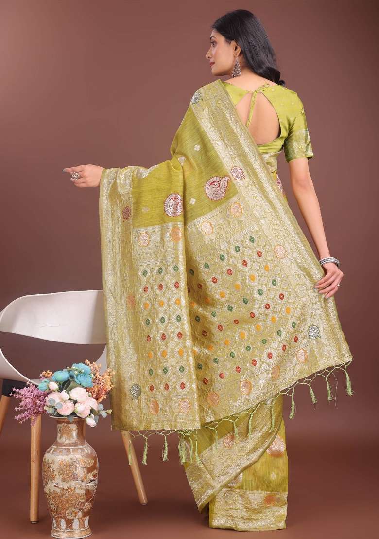 Mustard Yellow Linen Cotton Saree Set with Embroidered for Diwali | Wedding & Festive Wear - Indya