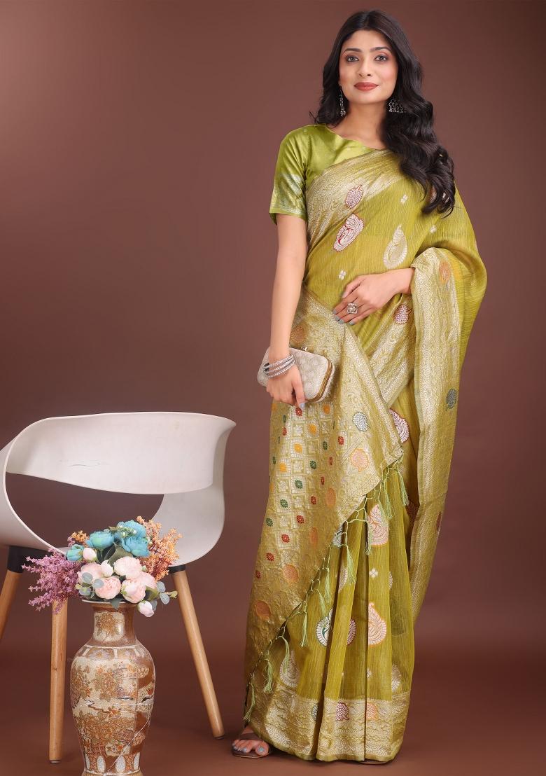Mustard Yellow Embroidered Linen Cotton Saree  Set