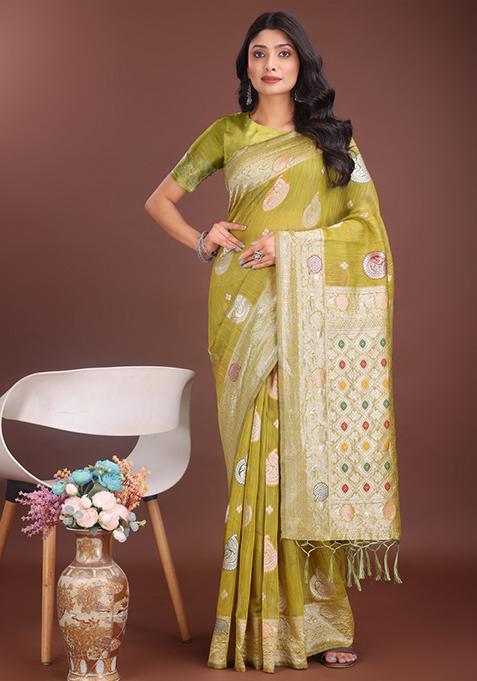 Mustard Yellow Embroidered Linen Cotton Saree  Set