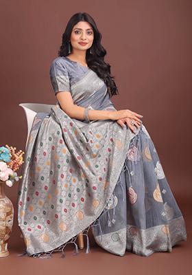 Grey Embroidered Linen Cotton Saree  Set