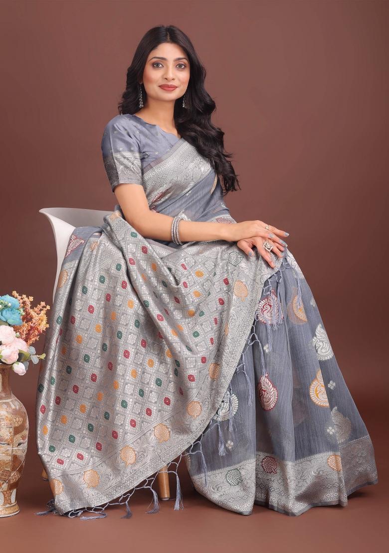 Grey Embroidered Linen Cotton Saree Set