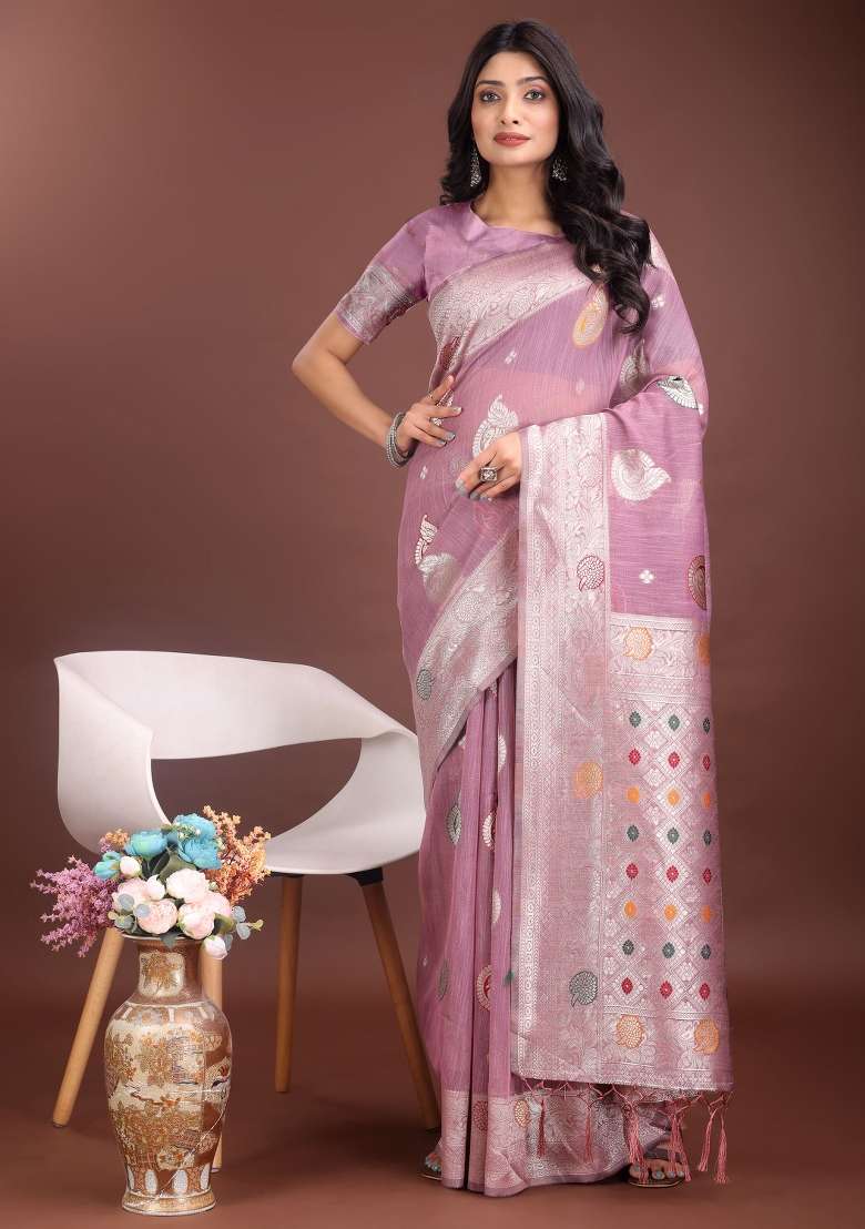 Purple Linen Cotton Saree Set with Embroidered for Diwali | Wedding & Festive Wear - Indya