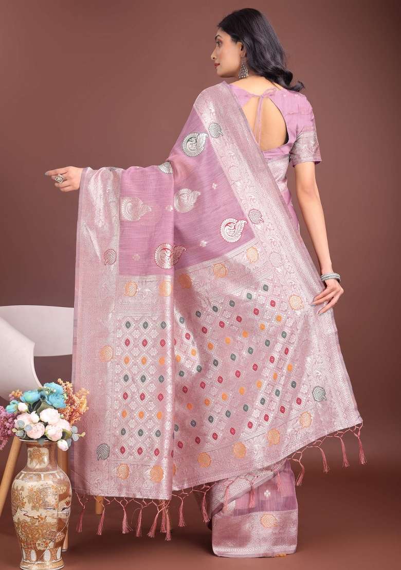 Purple Linen Cotton Saree Set with Embroidered for Diwali | Wedding & Festive Wear - Indya