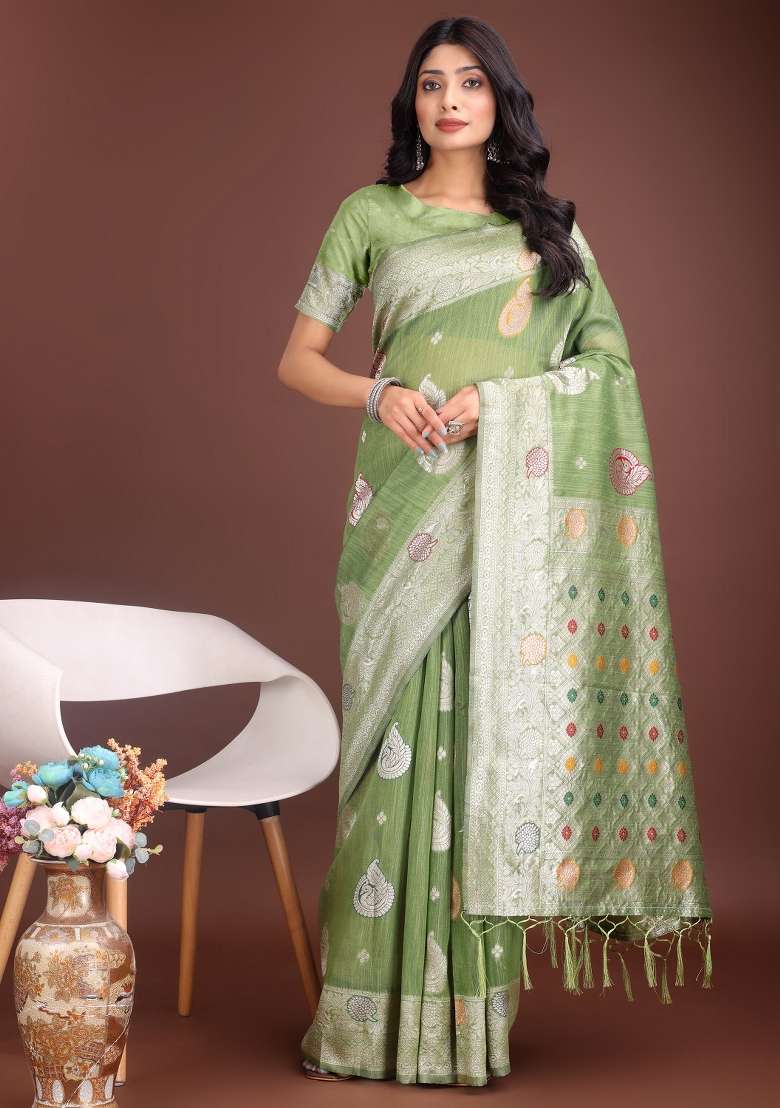 Light Green Embroidered Linen Cotton Saree Set for Diwali and Festive Wear - Indya