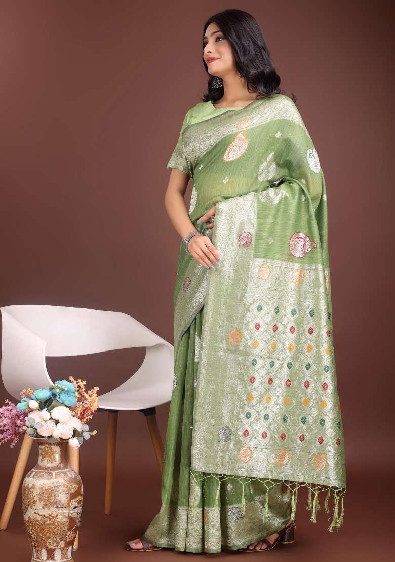Light Green Embroidered Linen Cotton Saree Set for Diwali and Festive Wear - Indya