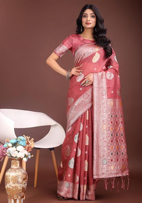 Pink Embroidered Linen Cotton Saree  Set