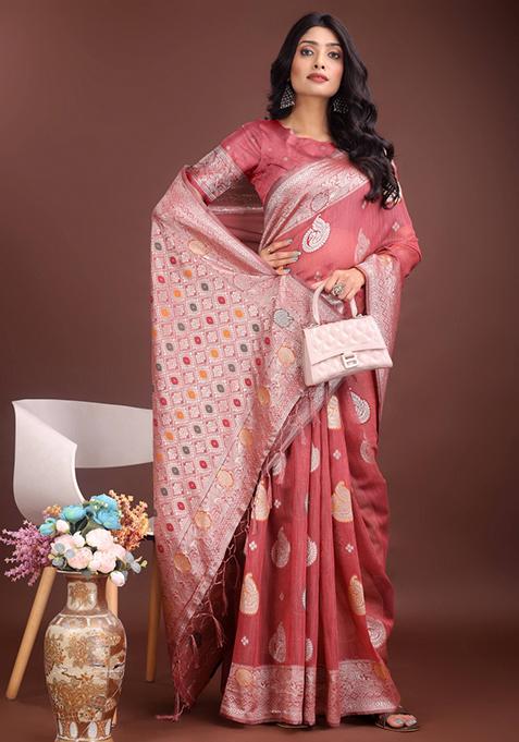 Pink Embroidered Linen Cotton Saree Set