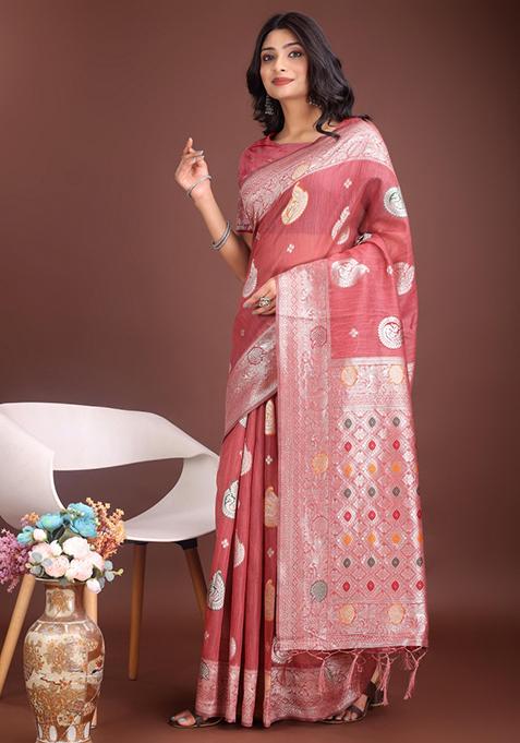 Pink Embroidered Linen Cotton Saree Set