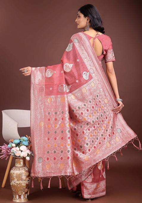 Pink Embroidered Linen Cotton Saree Set