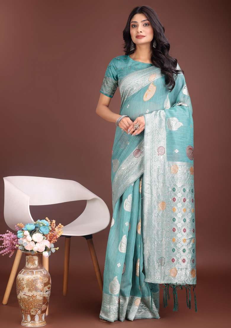 Sea Green Linen Cotton Saree Set with Embroidered for Diwali | Wedding & Festive Wear - Indya