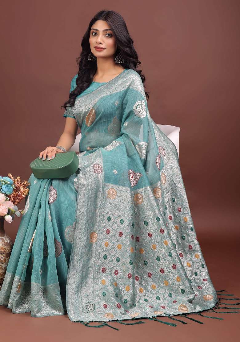 Sea Green Linen Cotton Saree Set with Embroidered for Diwali | Wedding & Festive Wear - Indya
