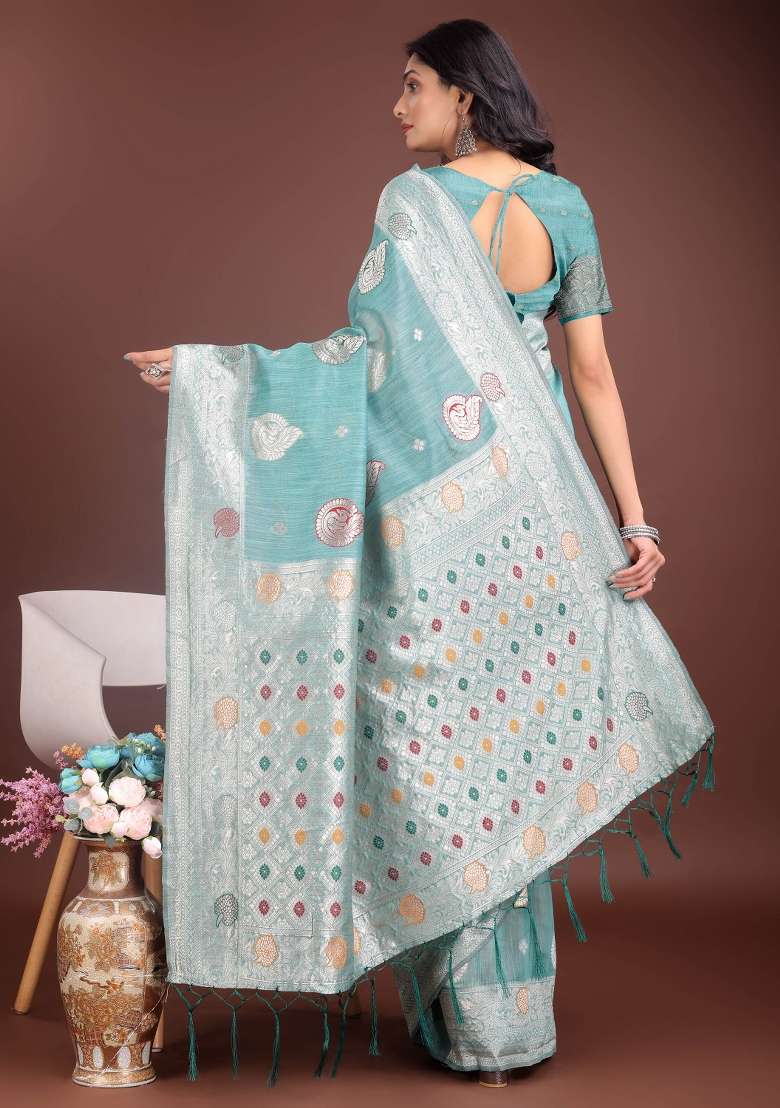 Sea Green Linen Cotton Saree Set with Embroidered for Diwali | Wedding & Festive Wear - Indya