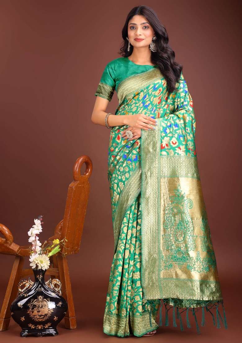 Green Embroidered Silk Saree  Set - Indya