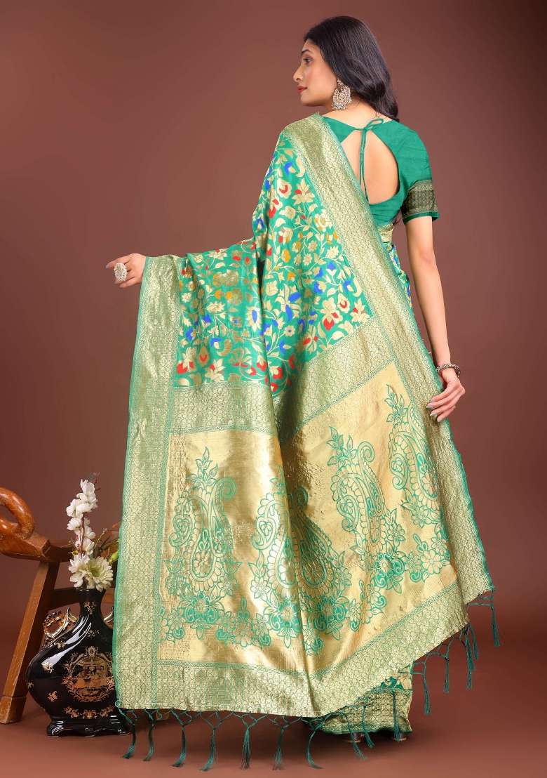 Green Embroidered Silk Saree  Set - Indya