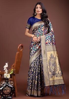 Navy Blue Embroidered Silk Saree  Set
