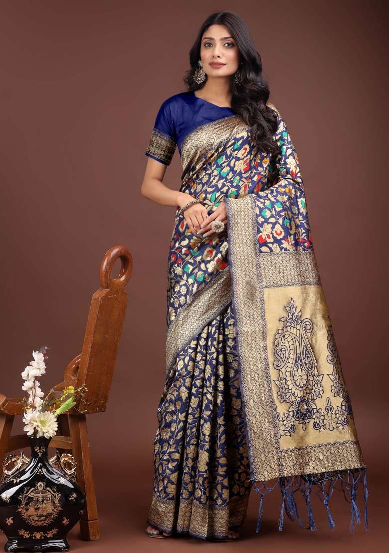 Navy Blue Embroidered Silk Saree  Set - Indya
