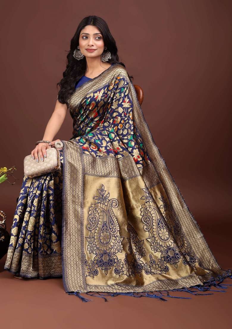 Navy Blue Embroidered Silk Saree  Set - Indya