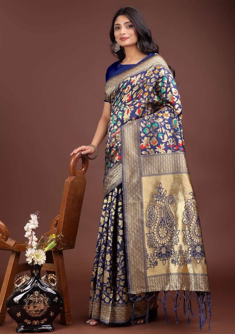 Navy Blue Embroidered Silk Saree  Set - Indya