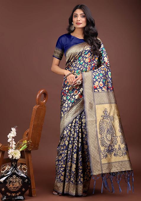 Navy Blue Embroidered Silk Saree  Set