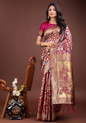 Magenta Embroidered Silk Saree  Set
