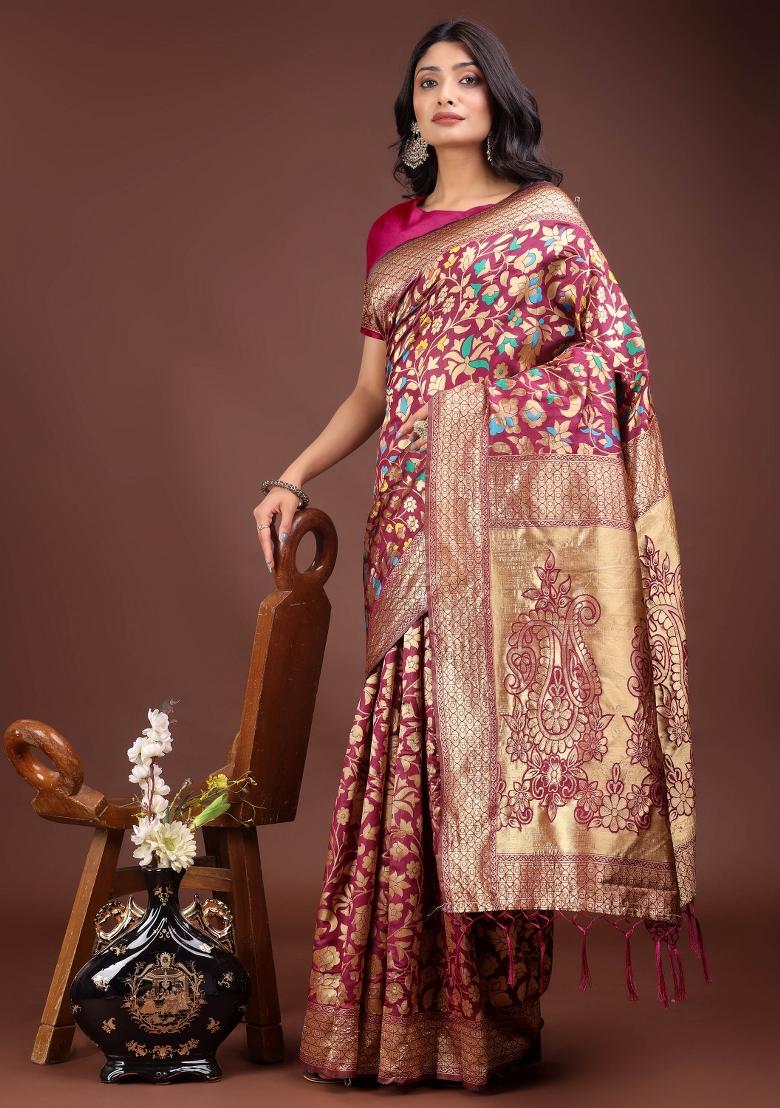 Magenta Embroidered Silk Saree  Set
