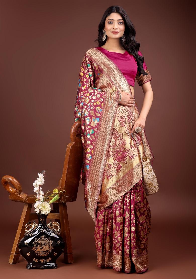 Magenta Embroidered Silk Saree  Set