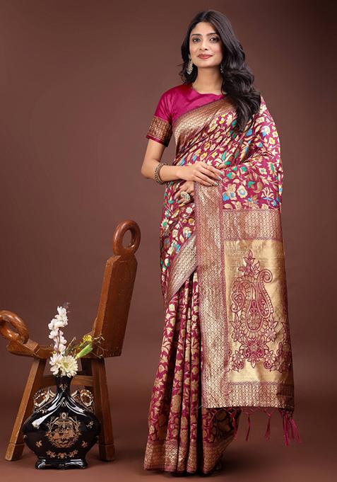 Magenta Embroidered Silk Saree  Set