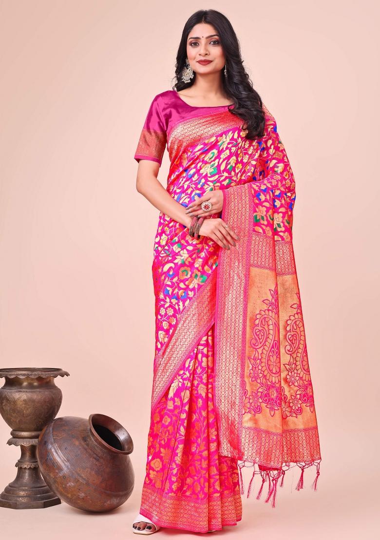 Pink Embroidered Silk Saree Set