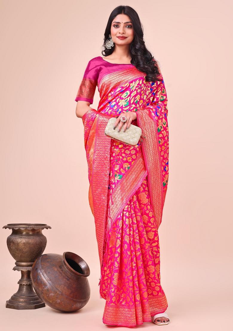 Pink Embroidered Silk Saree  Set