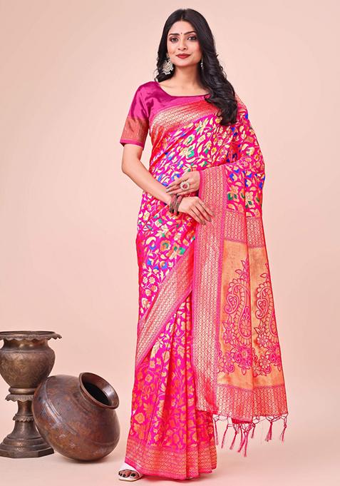 Pink Embroidered Silk Saree  Set