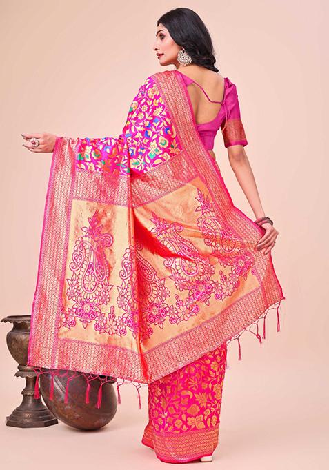 Pink Embroidered Silk Saree Set